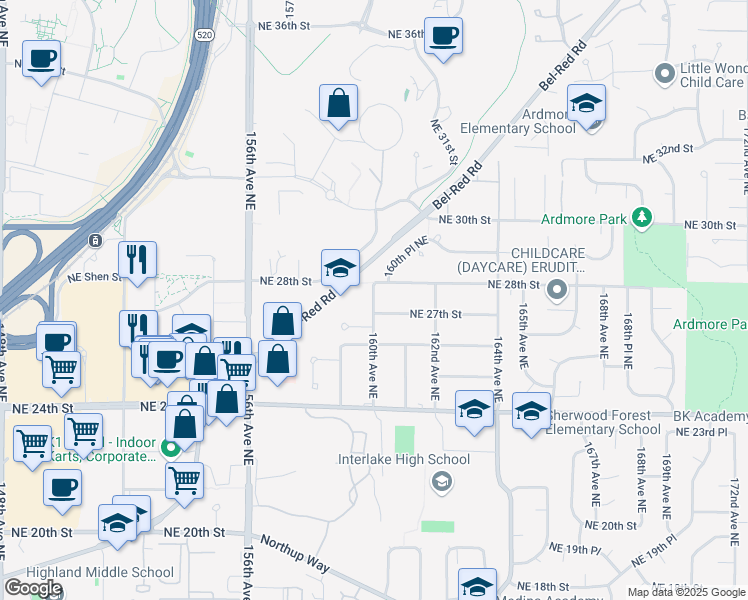 map of restaurants, bars, coffee shops, grocery stores, and more near 16007 Northeast 27th Street in Bellevue