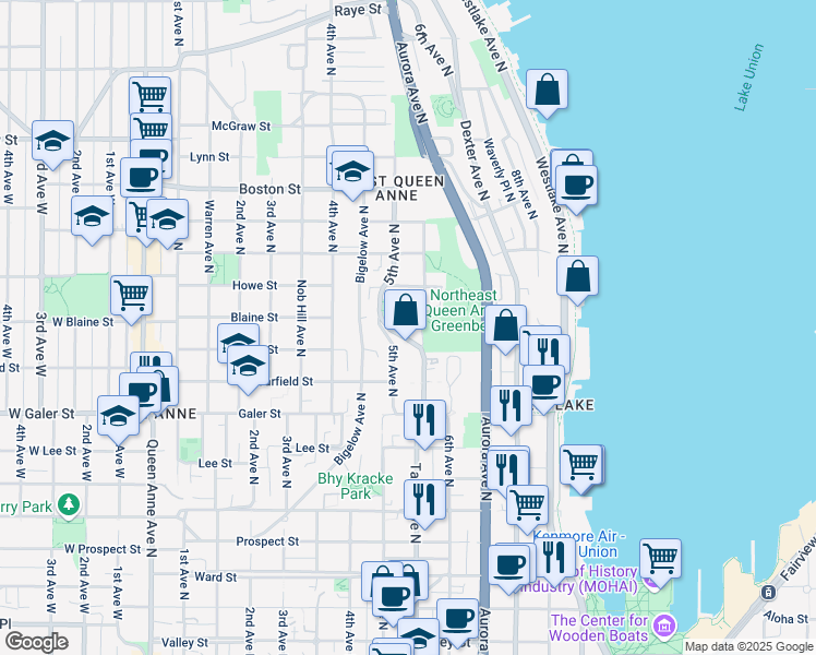 map of restaurants, bars, coffee shops, grocery stores, and more near 1623 Taylor Avenue North in Seattle