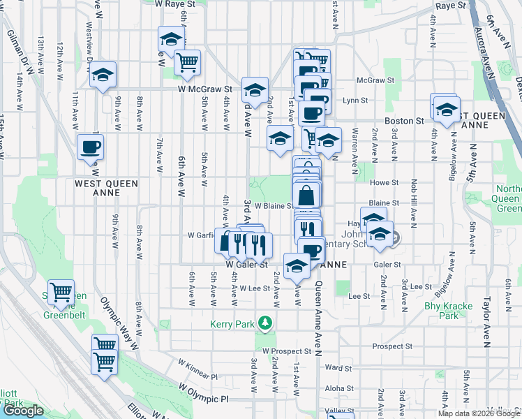 map of restaurants, bars, coffee shops, grocery stores, and more near 1612 2nd Avenue North in Seattle