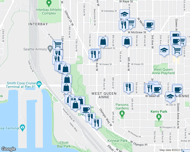 map of restaurants, bars, coffee shops, grocery stores, and more near 1612 10th Avenue West in Seattle