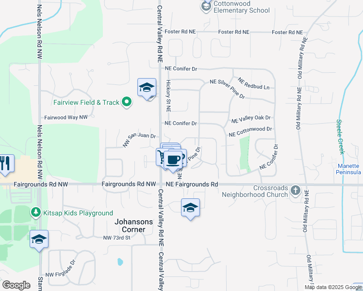 map of restaurants, bars, coffee shops, grocery stores, and more near 7688 Vineyards Lane Northeast in Bremerton