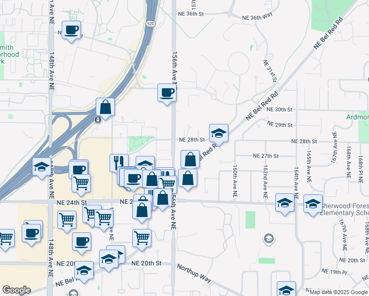 map of restaurants, bars, coffee shops, grocery stores, and more near 15805 Northeast 28th Street in Bellevue