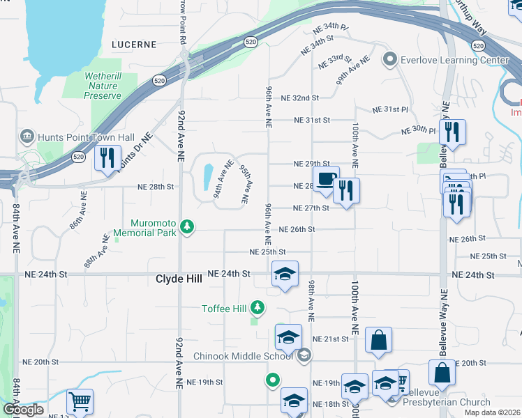 map of restaurants, bars, coffee shops, grocery stores, and more near 2627 96th Avenue Northeast in Clyde Hill
