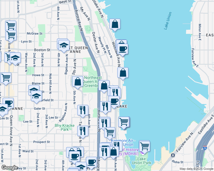 map of restaurants, bars, coffee shops, grocery stores, and more near 1616 Aurora Avenue North in Seattle