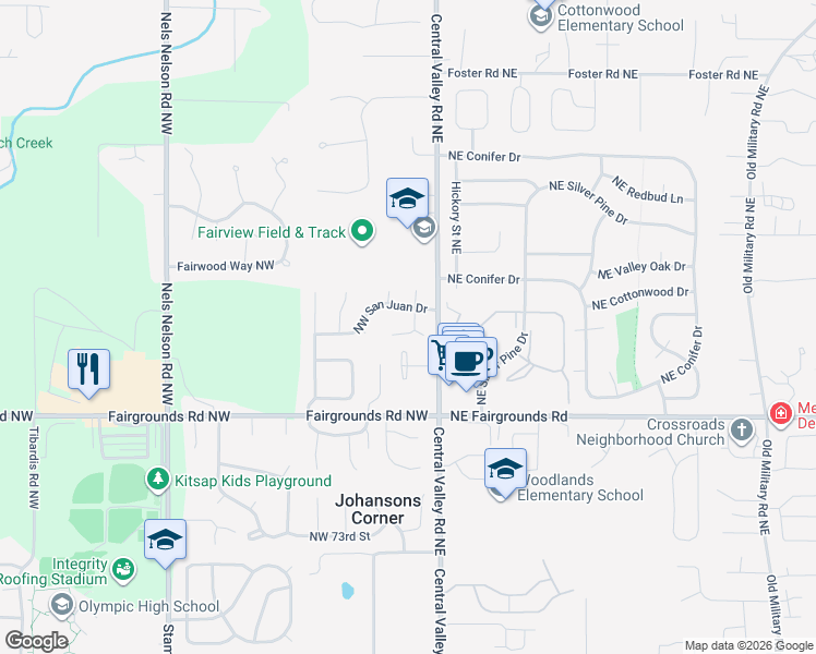 map of restaurants, bars, coffee shops, grocery stores, and more near 100 Northwest Lopez Lane in Bremerton