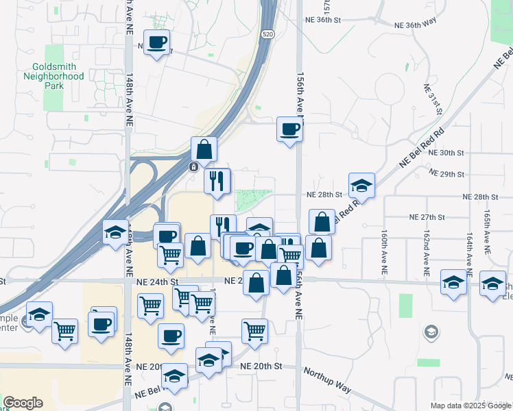 map of restaurants, bars, coffee shops, grocery stores, and more near Northeast Turing Street in Redmond