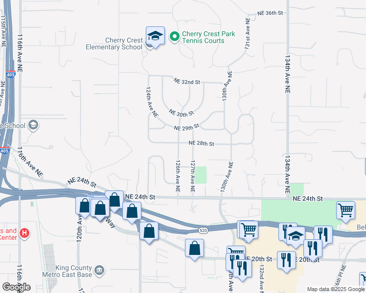 map of restaurants, bars, coffee shops, grocery stores, and more near 2613 126th Avenue Northeast in Bellevue
