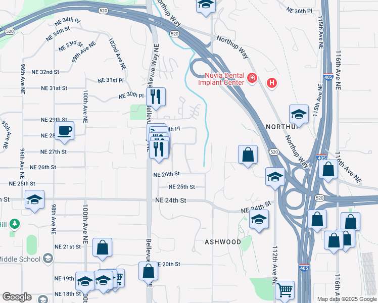 map of restaurants, bars, coffee shops, grocery stores, and more near 2621 107th Avenue Northeast in Bellevue