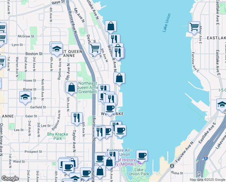 map of restaurants, bars, coffee shops, grocery stores, and more near 762 Hayes Street in Seattle