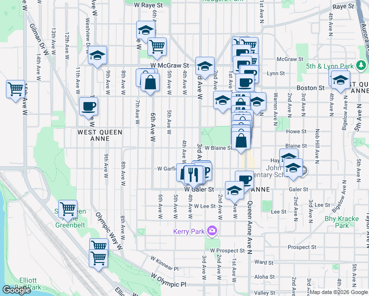 map of restaurants, bars, coffee shops, grocery stores, and more near 4th Ave W in Seattle