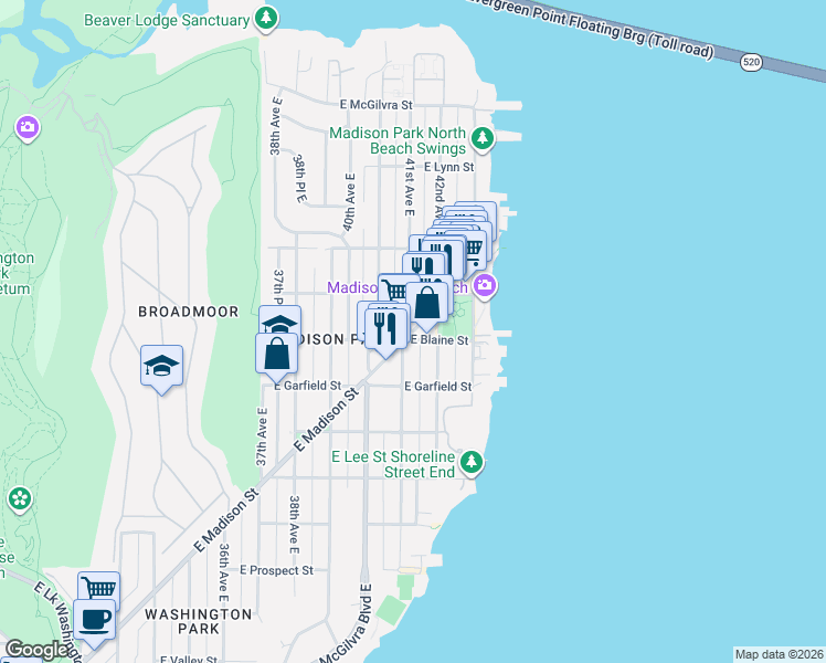 map of restaurants, bars, coffee shops, grocery stores, and more near East Madison Street & 41st Avenue East in Seattle