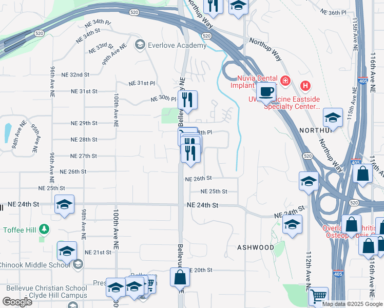 map of restaurants, bars, coffee shops, grocery stores, and more near 2636 Bellevue Way Northeast in Bellevue