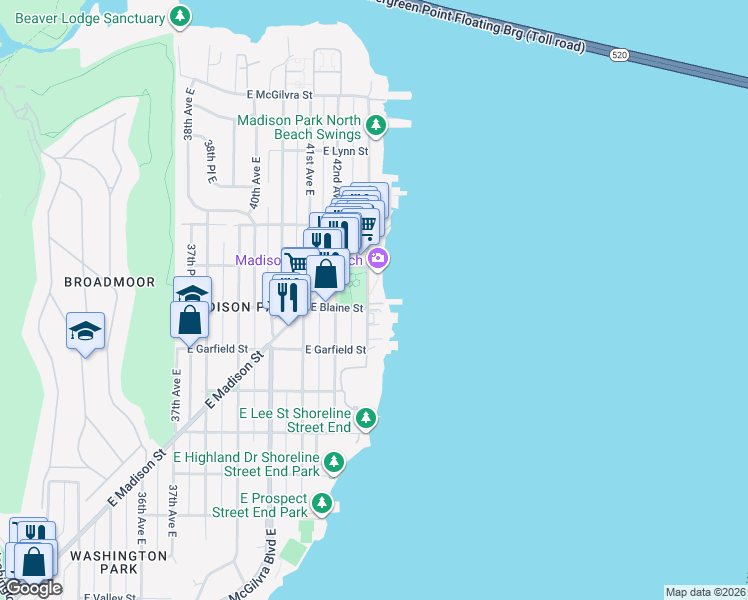 map of restaurants, bars, coffee shops, grocery stores, and more near 1840 43rd Avenue East in Seattle