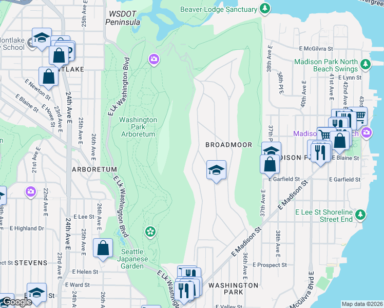 map of restaurants, bars, coffee shops, grocery stores, and more near 1819 Parkside Drive East in Seattle