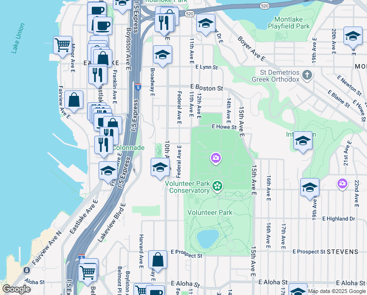 map of restaurants, bars, coffee shops, grocery stores, and more near 1812 Federal Avenue East in Seattle