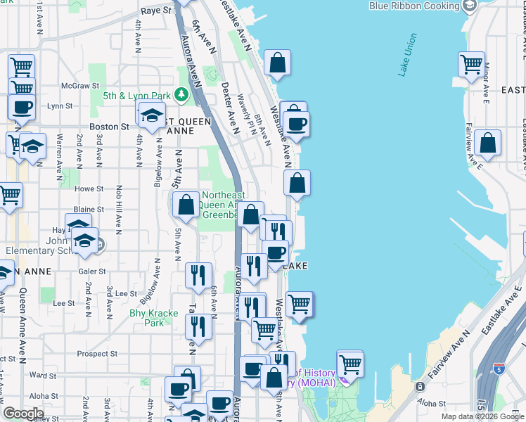 map of restaurants, bars, coffee shops, grocery stores, and more near 1804 Dexter Avenue North in Seattle