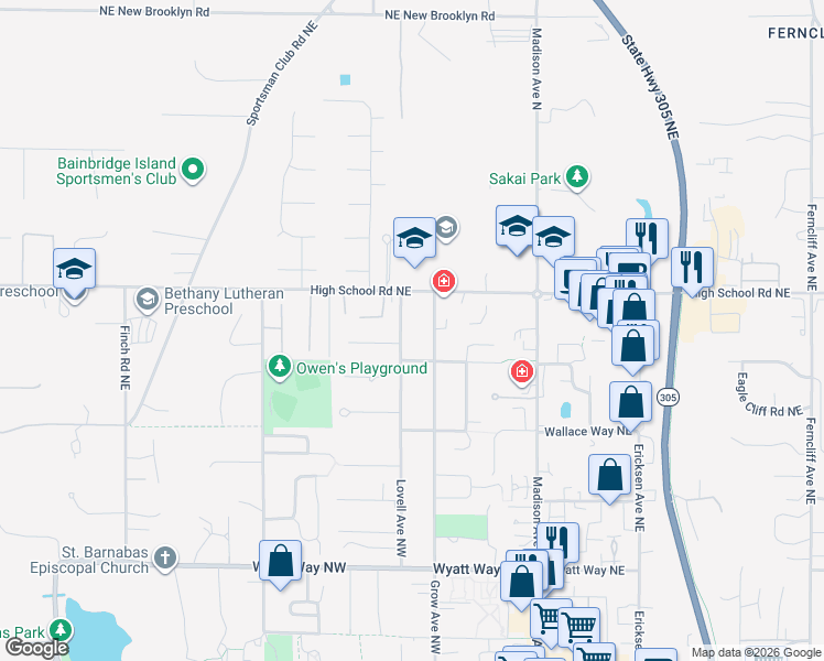 map of restaurants, bars, coffee shops, grocery stores, and more near 1299 Grow Avenue Northwest in Bainbridge Island