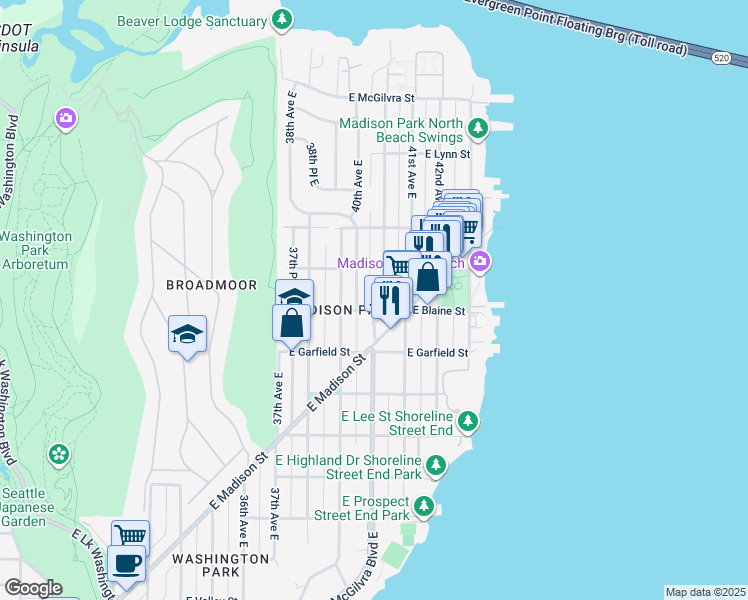 map of restaurants, bars, coffee shops, grocery stores, and more near 1824 40th Avenue East in Seattle
