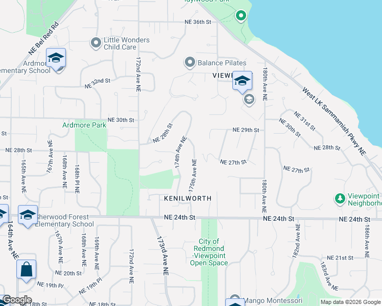 map of restaurants, bars, coffee shops, grocery stores, and more near 17406 Northeast 27th Street in Redmond