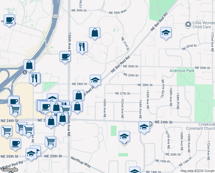 map of restaurants, bars, coffee shops, grocery stores, and more near 15938 Northeast 28th Street in Bellevue