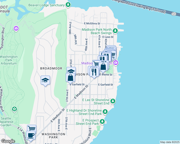 map of restaurants, bars, coffee shops, grocery stores, and more near 1824 40th Avenue East in Seattle
