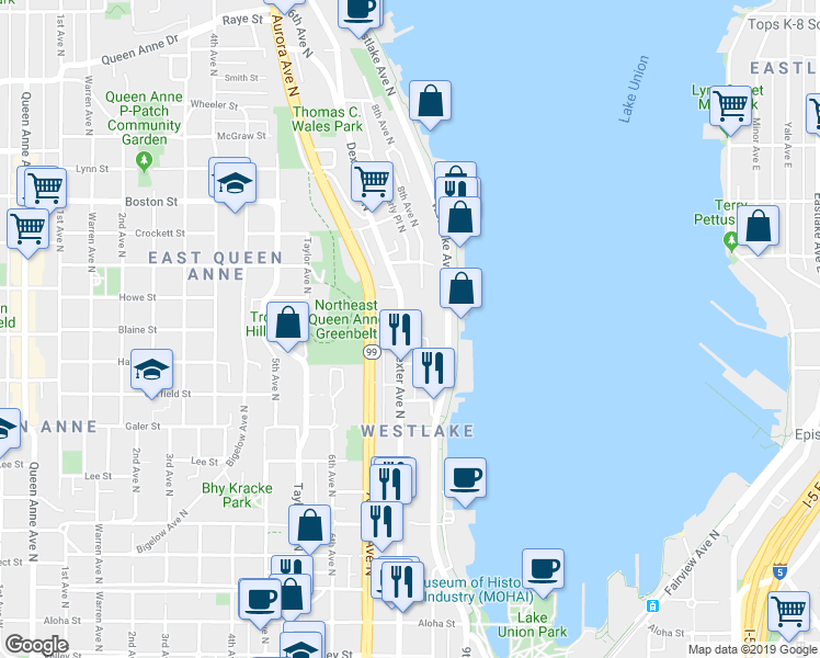map of restaurants, bars, coffee shops, grocery stores, and more near 1804 Dexter Avenue North in Seattle