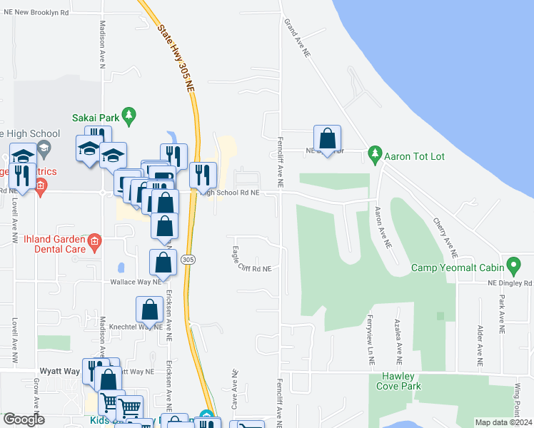 map of restaurants, bars, coffee shops, grocery stores, and more near 823 High School Road Northeast in Bainbridge Island