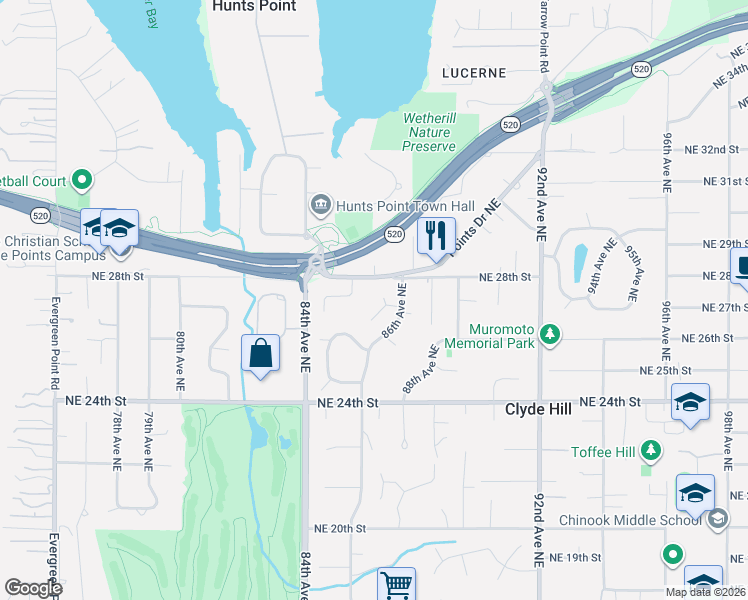 map of restaurants, bars, coffee shops, grocery stores, and more near 8505 Northeast 27th Place in Clyde Hill