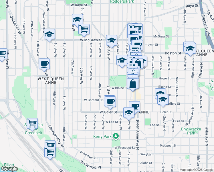 map of restaurants, bars, coffee shops, grocery stores, and more near 1825 3rd Avenue West in Seattle
