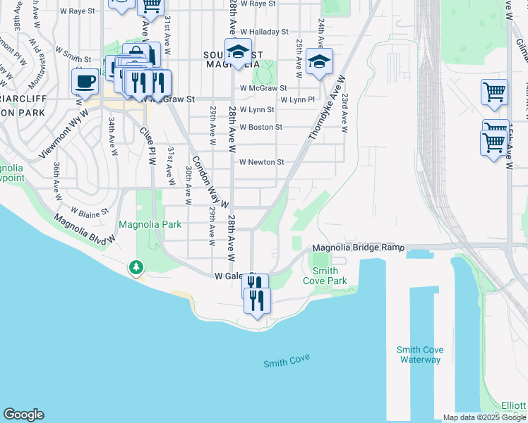map of restaurants, bars, coffee shops, grocery stores, and more near 2601 West Blaine Street in Seattle