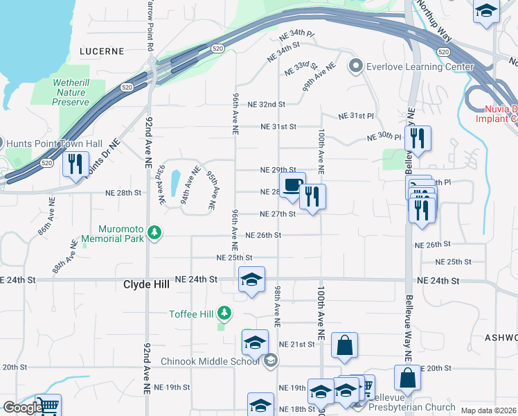 map of restaurants, bars, coffee shops, grocery stores, and more near 9633 Northeast 28th Street in Clyde Hill