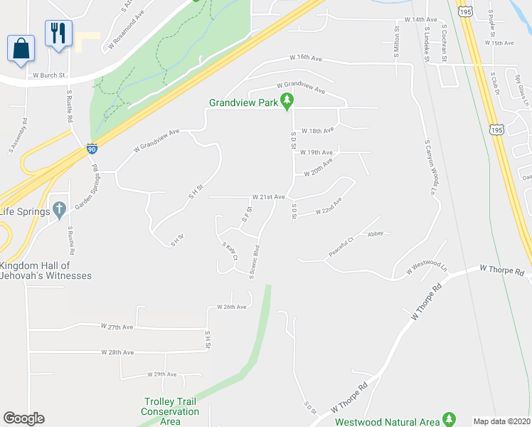 map of restaurants, bars, coffee shops, grocery stores, and more near 2112 South Scenic Boulevard in Spokane