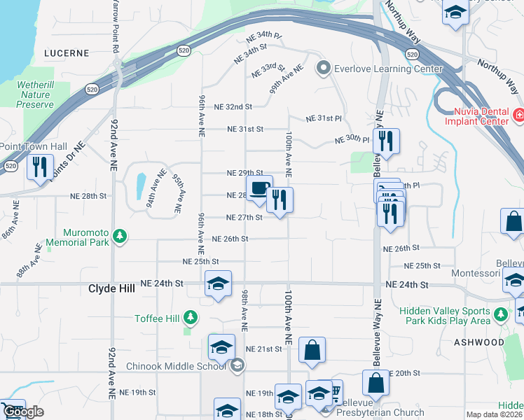 map of restaurants, bars, coffee shops, grocery stores, and more near 9837 Northeast 28th Street in Bellevue