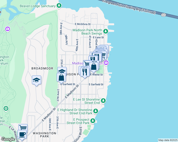 map of restaurants, bars, coffee shops, grocery stores, and more near 1825 41st Avenue East in Seattle