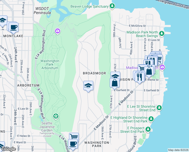 map of restaurants, bars, coffee shops, grocery stores, and more near 1810 Broadmoor Drive East in Seattle