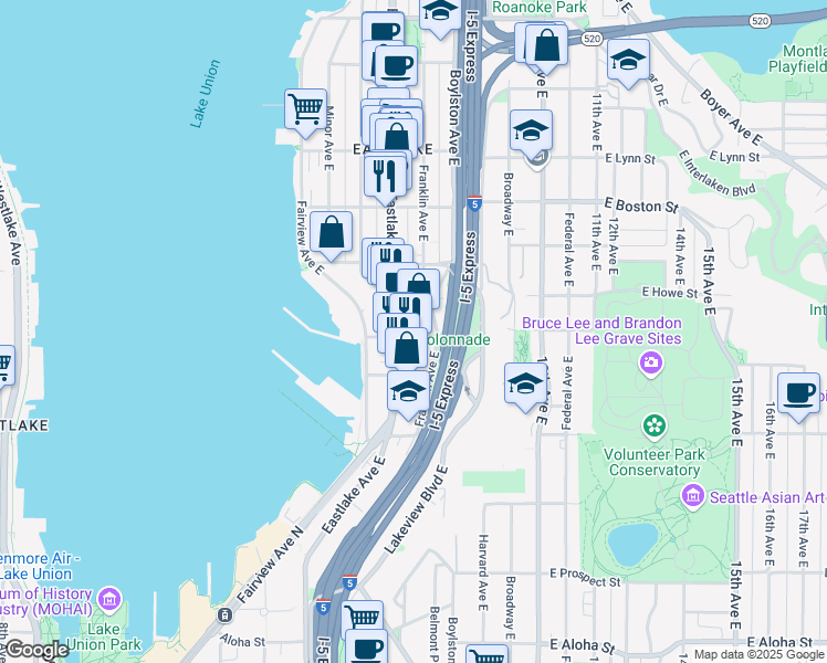 map of restaurants, bars, coffee shops, grocery stores, and more near 1816 Eastlake Avenue East in Seattle