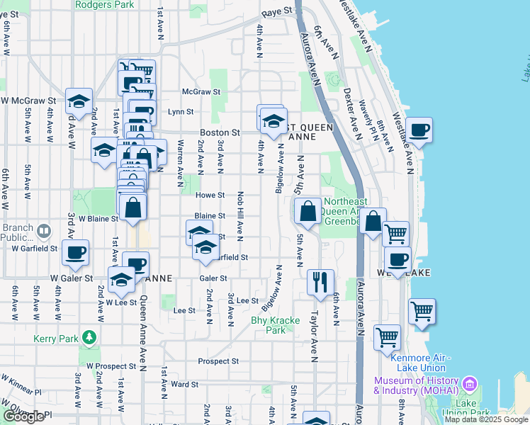 map of restaurants, bars, coffee shops, grocery stores, and more near 1821 Bigelow Avenue North in Seattle