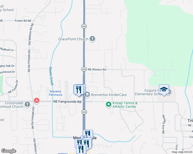 map of restaurants, bars, coffee shops, grocery stores, and more near 7950 Northeast Double Hitch Court in Bremerton