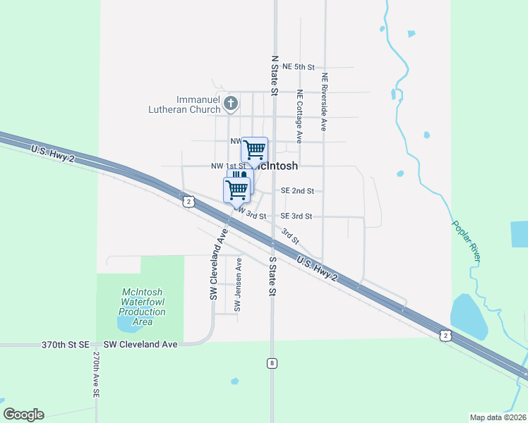 map of restaurants, bars, coffee shops, grocery stores, and more near 230 Northwest 3rd Street in McIntosh