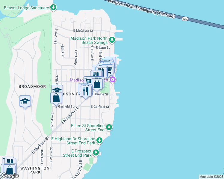 map of restaurants, bars, coffee shops, grocery stores, and more near 1840 43rd Avenue East in Seattle