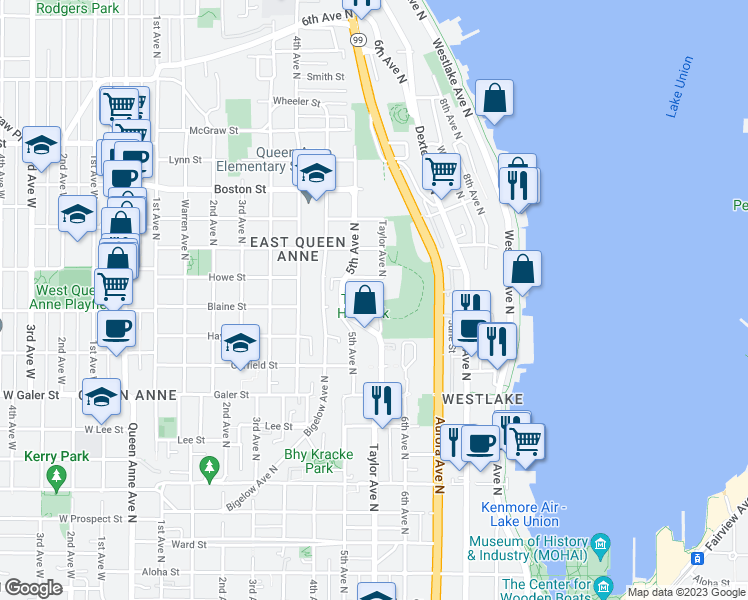 map of restaurants, bars, coffee shops, grocery stores, and more near 1833 Taylor Avenue North in Seattle