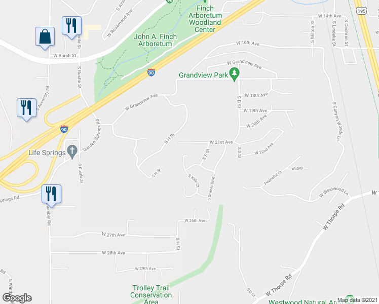 map of restaurants, bars, coffee shops, grocery stores, and more near 3431 West 21st Avenue in Spokane