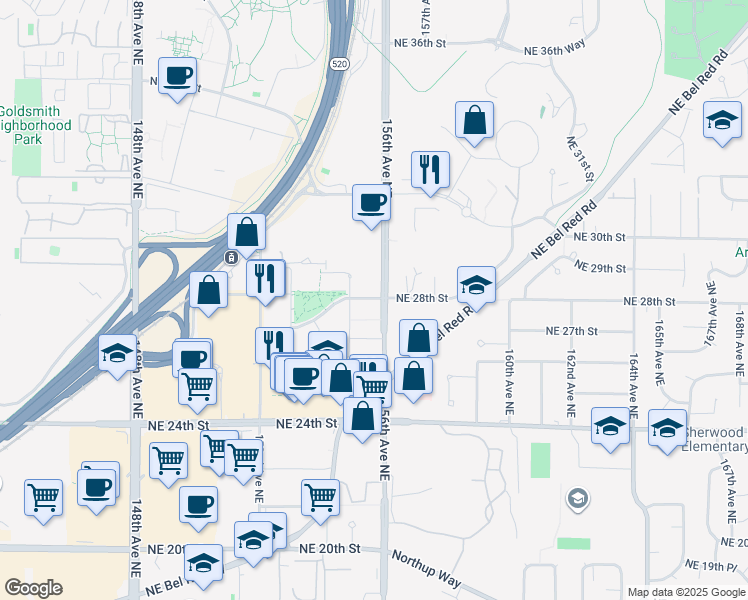 map of restaurants, bars, coffee shops, grocery stores, and more near 15550 Northeast Turing Street in Redmond