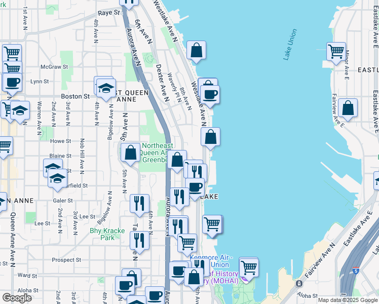 map of restaurants, bars, coffee shops, grocery stores, and more near 1804 Dexter Avenue North in Seattle
