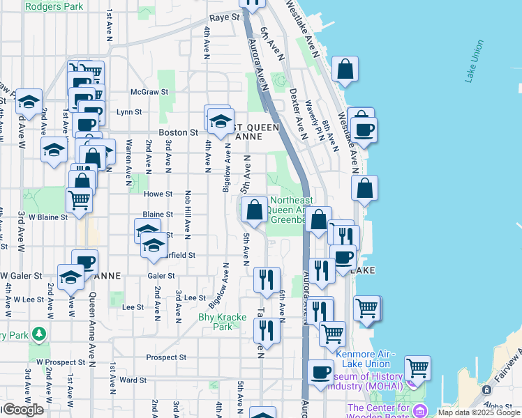map of restaurants, bars, coffee shops, grocery stores, and more near 1833 Taylor Avenue North in Seattle