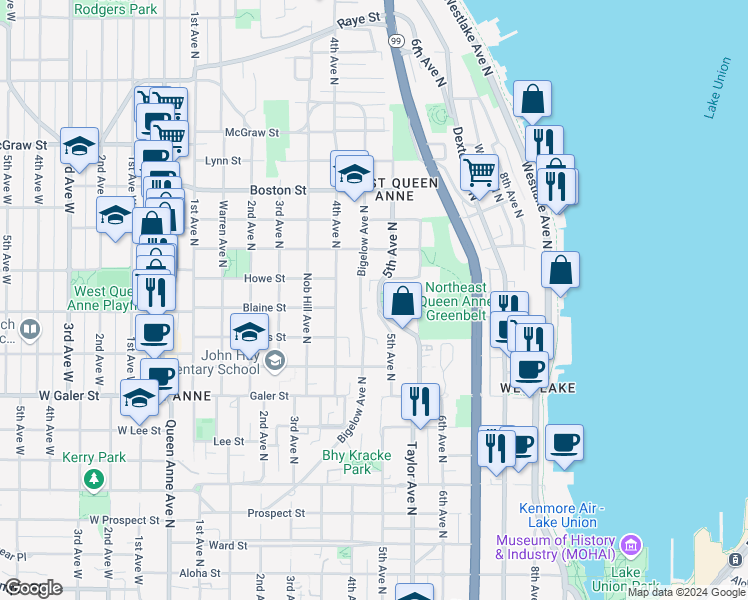 map of restaurants, bars, coffee shops, grocery stores, and more near 1824 5th Avenue North in Seattle