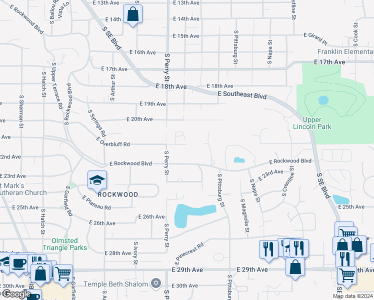 map of restaurants, bars, coffee shops, grocery stores, and more near 1432 East Overbluff Road in Spokane