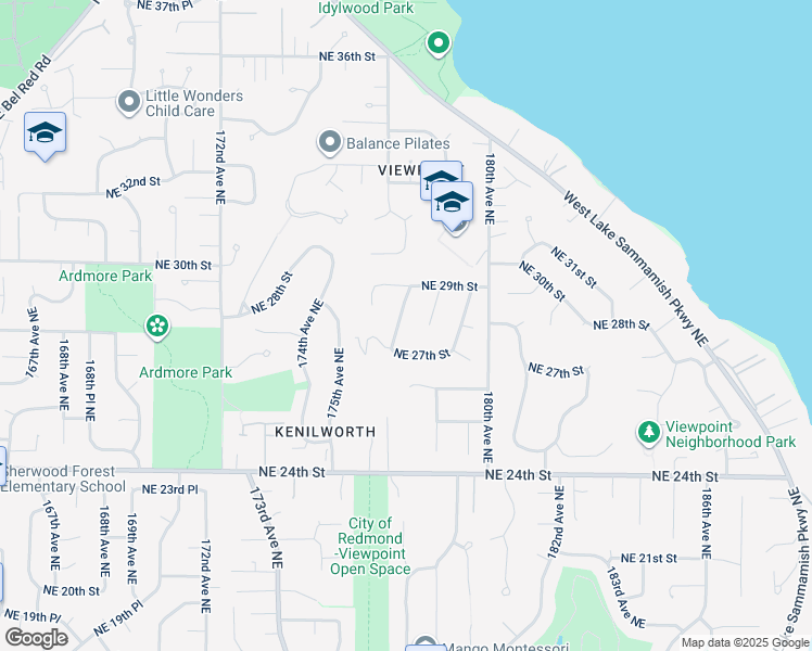 map of restaurants, bars, coffee shops, grocery stores, and more near 2810 177th Avenue Northeast in Redmond