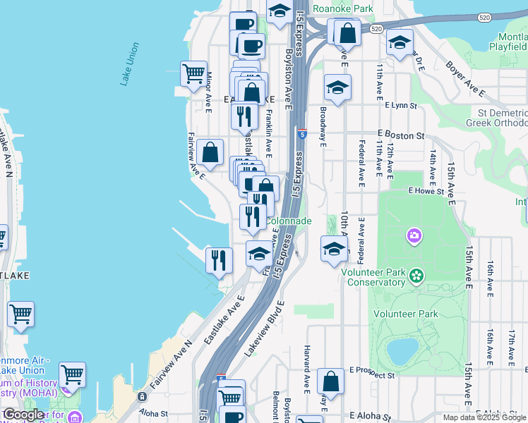 map of restaurants, bars, coffee shops, grocery stores, and more near 1800 Eastlake Avenue East in Seattle