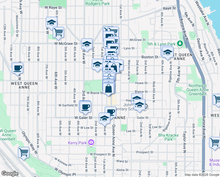 map of restaurants, bars, coffee shops, grocery stores, and more near 1811 Queen Anne Avenue North in Seattle